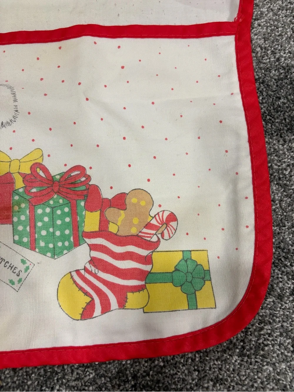 Vintage Christmas Raccoon Apron - Red Trim with graphic and pockets-tie waist